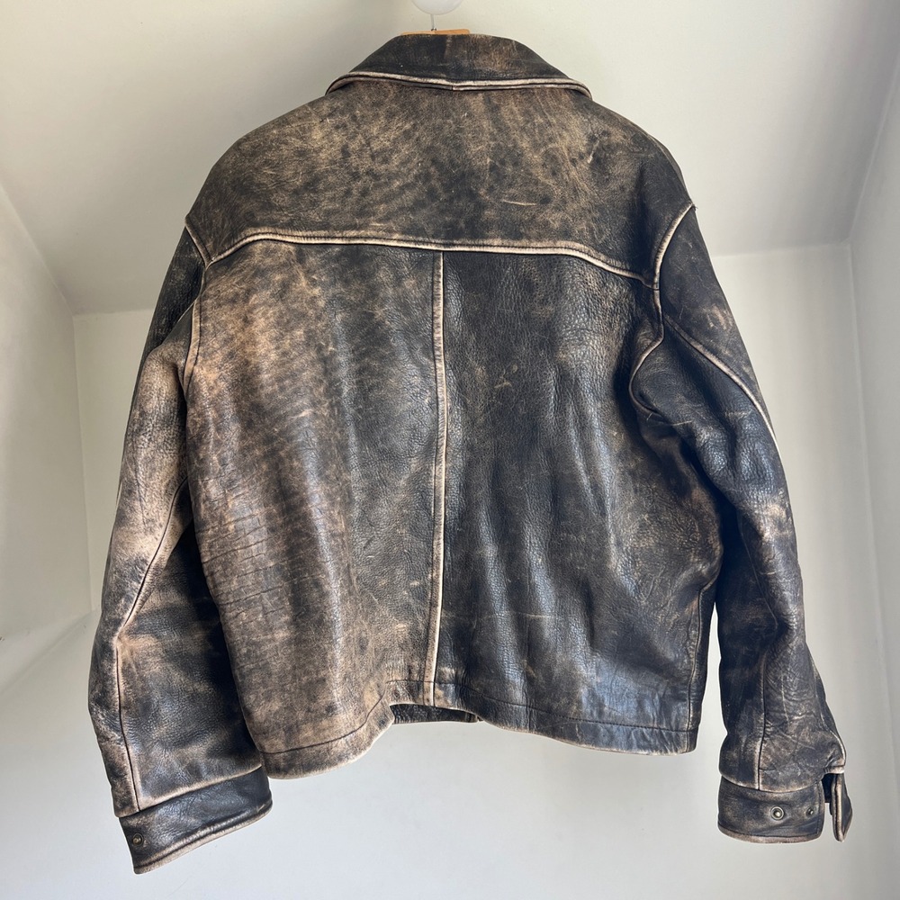 Vintage 90s J. Crew Leather Bomber Jacket Large Brown Worn Distressed Faded - Picture 4 of 12